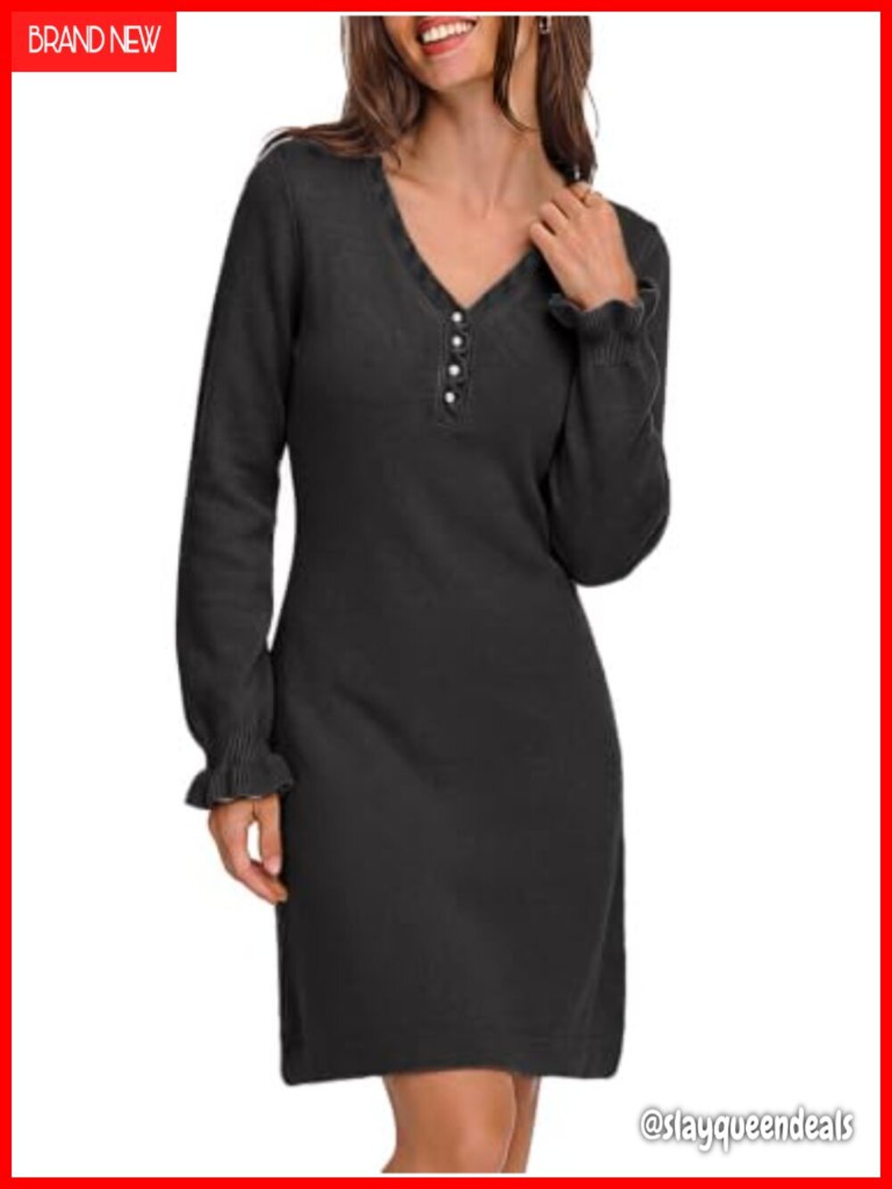 Womens Knit Sweater Dress Long Sleeve V Neck Ruffle Mini Bodycon